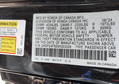 2025 Honda Civic Sport/Sport Touring z USA, uszkodzony, nr VIN 2HGFE4F82SH303328